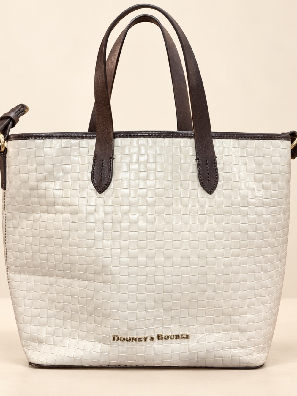 Dooney & Bourke Cream Woven Leather Tote with Dark Brown Handles